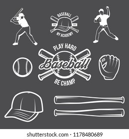 Collection of vector illustrations of Baseball team competition logos and insignias in grunge vintage style presented with a set of baseball equipment illustrations.