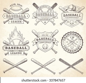 Collection of vector illustrations of Baseball team and competition logos and insignias, in grunge Vintage style.