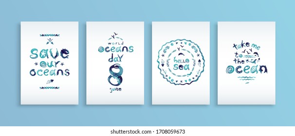 Collection of vector illustrations based on hand drawn watercolor texture. Hand created letters as sea animals. Blue, dark blue colored. Posters are isolated.