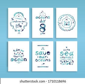 Collection of vector illustrations based on hand drawn watercolor texture. Hand created typography, letters as sea animals and phrases connected to the ocean, sea theme.