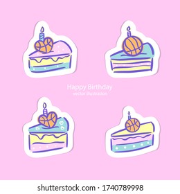 Collection of vector illustrations for basketball on a pink background. Cake slices. Set of stickers for design greeting cards, birthday invitations.