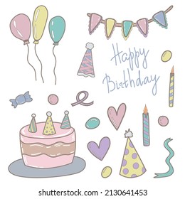 Colección de ilustraciones vectoriales para cumpleaños. Torta dibujada a mano, globos, corazones, sombreros de cumpleaños ilustraciones. 