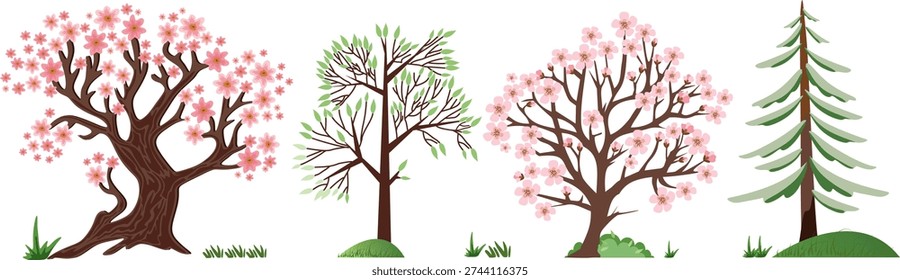 Collection of vector illustrations of blossoming trees. Sakura, cherry, magnolia, oak, linden, maple, spruce, spring, summer. Hand-drawn in a childish style.