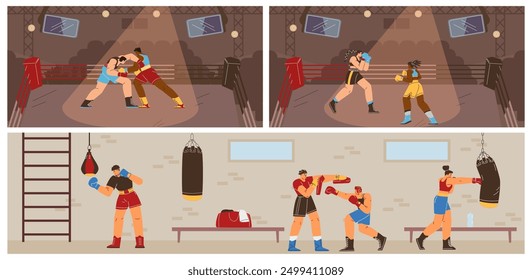 Una colección de Ilustraciones vectoriales con escenas de boxeo de boxeadores femeninos y masculinos en el ring y en el gimnasio practicando golpes de boxeo. Ideal para el diseño deportivo