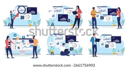Collection of vector illustrations with business people analysing and working with data, reports, charts and graphs, representing business analytics, finance, and marketing, flat design