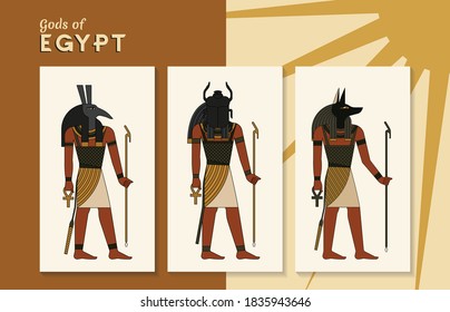 A collection of vector illustrations by the ancient Egyptian gods Thoth, Khepri and Anubis from the ankh. Vector illustration EPS 10.