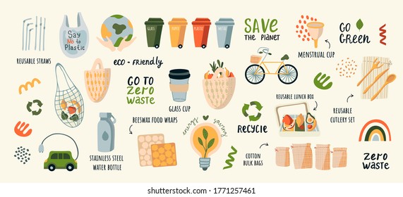 A collection of vector illustrations by Zero Waste. Eco icons with earth, bicycle, nature of plants isolated on light Glass jars, ecological grocery bags, wooden cutlery, menstrual cup, thermomug.