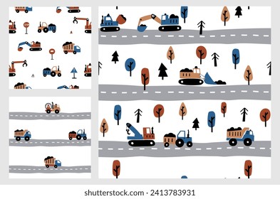 Collection vector illustrations with cars. Cute set children's seamless patterns with car off road in cartoon style. Illustration for the design textiles, apparel, fabric. Adorable kids concept.