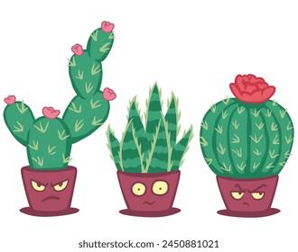 Collection of vector illustrations of cartoon blooming cactus characters with anime faces isolated on white background