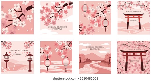 Collection of vector illustrations celebrating the Cherry Blossom Festival. Features beautiful designs with cherry blossom branches (sakura), traditional Japanese lanterns, and Torii gates.