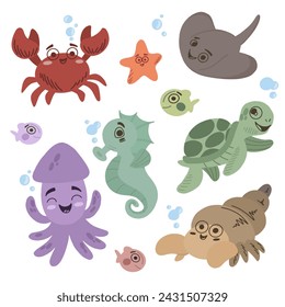 Colección de ilustraciones vectoriales en estilo escandinavo infantil. Cangrejos de río, medusas, caballitos de mar, mantarrayas, tortugas, caracoles, pulpos. Ilustración de vector