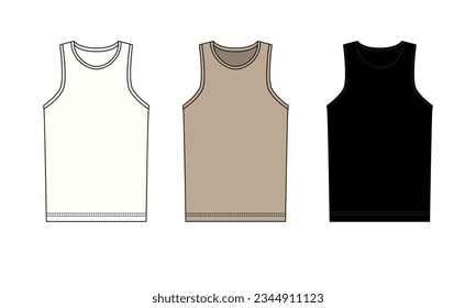 Collection of vector illustrations of classic sleeveless t-shirts in white, beige and black colors. T-shirt template with round neckline. T-shirt unisex design, casual style.