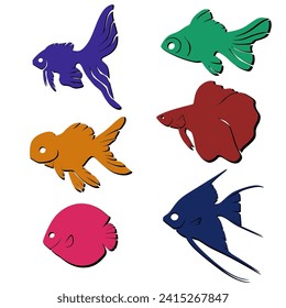 Collection of vector illustrations of colorful silhouettes of fish on white background