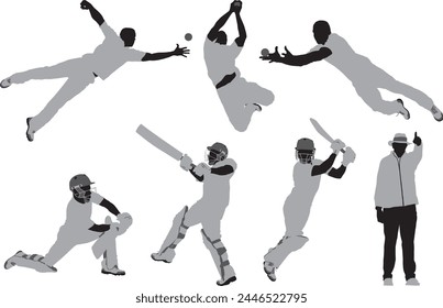 A collection of vector illustrations of cricket players fielding and batting and an umpire in black and white