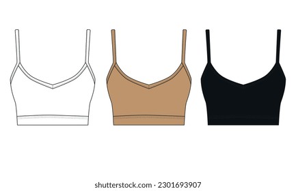 Collection of vector illustrations of cropped top with thin spaghetti straps. Template of drawings of a bra in white, beige, black colors. Outline sketch of fashionable top in lingerie style, vector.