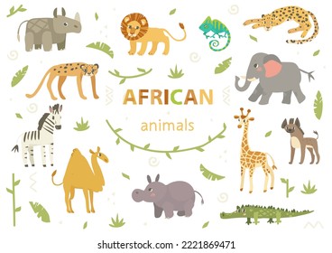 Collection of vector illustrations of cute African animals and design elements on white background.