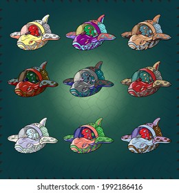 A collection of vector illustrations of cute aliens on a spaceship with different colors, vector illustrations of aliens in ufo, aliens in space rockets, illustrations of aliens in galaxy.