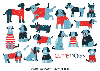 Collection vector illustrations of cute blue dogs in winter sweaters. Set of different flat cartoon characters of dogs and puppies. Isolated prints for card, merch, stickers, banners and backgrounds.