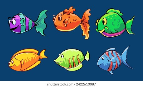 Collection of vector illustrations of cute sea fish, various types of sea fish, aquarium fish, with vibrant colors. vector design perfect for sticker design or design elements