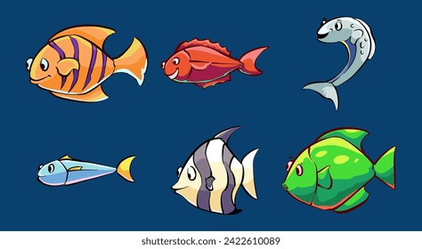 Collection of vector illustrations of cute sea fish, various types of sea fish, aquarium fish, with vibrant colors. vector design perfect for sticker design or design elements