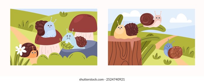 Una colección de Ilustraciones vectoriales con caracoles lindos en el fondo de la naturaleza. Imágenes con caracoles sonrientes con concha marrón, baba pegajosa, escena divertida