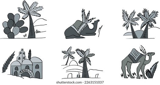 Collection vector illustrations de style oriental au disign moderne woth palm trees, camels, cactus and arabic architecture