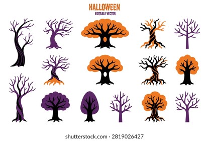 A collection of vector illustrations depicting bare trees with orange and purple color schemes featuring detailed branches and roots.
