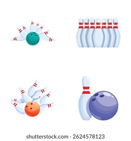Collection of vector illustrations depicting bowling pins and balls in various arrangements
