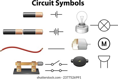 A collection of vector illustrations depicting circuit symbols for science education