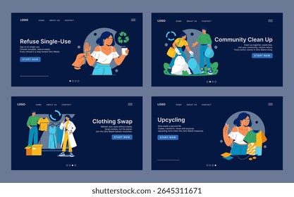 Collection of vector illustrations depicting eco-friendly activities like refusing single-use items, community clean-up, clothing swap, and upcycling, promoting sustainable living.