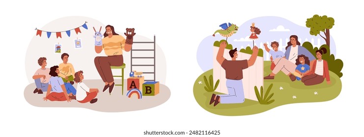 A collection of vector illustrations depicting a family puppet theater in the park and in the nursery. Mom and dad show children a performance with puppets