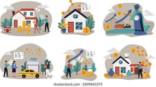 Collection of vector illustrations depicting fast mortgage approval and real estate deal concepts.  Features scenes with houses, dollar coins, upward arrows, clocks symbolizing speed