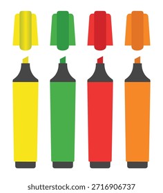 Colección de Ilustraciones vectoriales que representan cuatro marcadores de resaltador en amarillo, verde, rojo y naranja, con sus tapas a juego. Material escolar y de oficina.