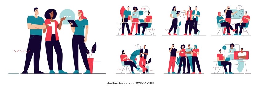 Collection of vector illustrations depicting a group of business people in office discussing, talking during a coffee break. Editable stroke.