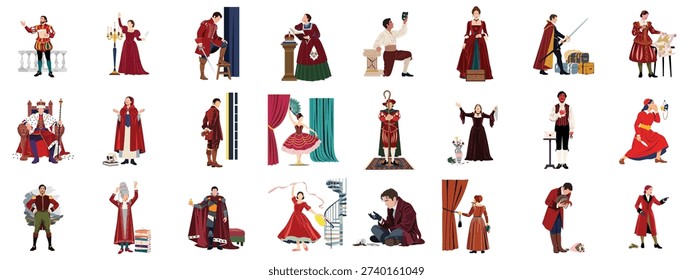 Collection of Vector Illustrations Depicting Historical Drama Characters, Actors, and Scenes from Shakespearean and Classic Literature.