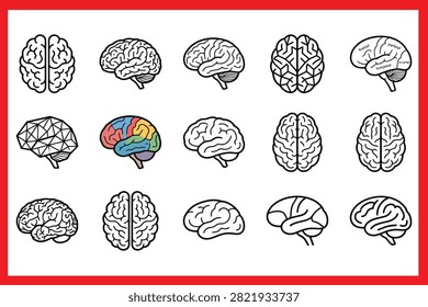 Collection of vector illustrations depicting human brains in various views predominantly in black and white.