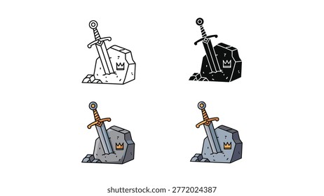 A collection of vector illustrations depicting the legendary sword Excalibur embedded in a stone, often associated with royalty and kingship. This imagery is suitable for fantasy, history, or mythology themes in design projects.