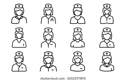 Coleção de ilustrações vetoriais representando enfermeiros em vários papéis uniformes e profissionais dentro do campo médico