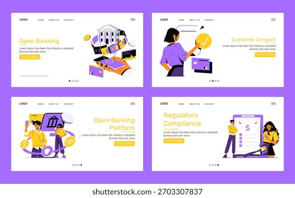 Colección de las Ilustraciones vectoriales que describen la banca abierta, el consentimiento de los Clientes, la plataforma bancaria abierta y el cumplimiento normativo. Las Personas interactúan con los Elementos digitales, mostrando las finanzas modernas