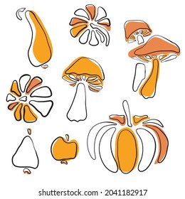 collection of vector illustrations depicting pumpkin and mushrooms, autumn vegetables and harvest, minimalistic doodle style, blank for design