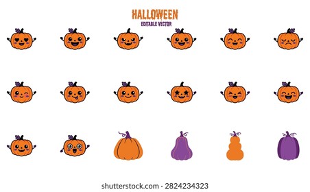 Collection of vector illustrations depicting pumpkins and jack-o'-lanterns with diverse facial expressions in orange and purple.