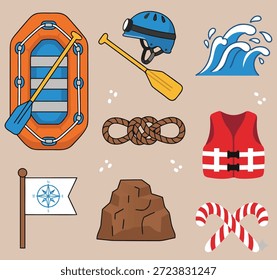 Eine Sammlung von Vektorgrafiken mit Rafting-Ausrüstung, Sicherheitsausrüstung und verwandten Symbolen für Abenteuer und Reisen.