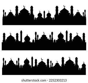 A collection of vector illustrations depicting the silhouette of iconic elements of Arabic architecture, such as the mosque roof, the minaret, and the Islamic cityscape panorama