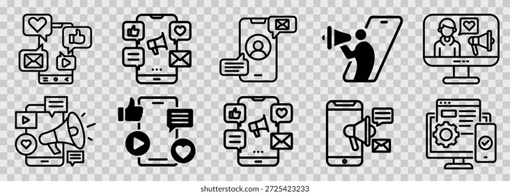 Colección de Ilustraciones vectoriales que representan conceptos de marketing en redes sociales. Los iconos incluyen teléfonos inteligentes con mensajes de me gusta y correos electrónicos, y una pantalla de computadora que muestra análisis. Ideal para marketing digital y temas de publicidad online.