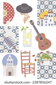 Collection of vector illustrations depicting typical Andalusian items