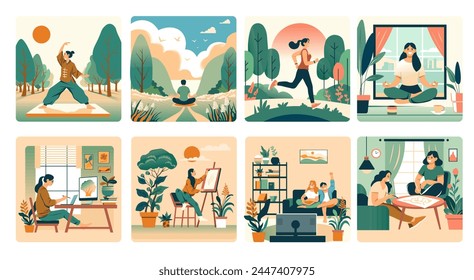 A collection of vector illustrations depicting various indoor and outdoor hobby scenes in vibrant flat design.