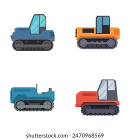 Collection of vector illustrations depicting various colorful cartoon bulldozers