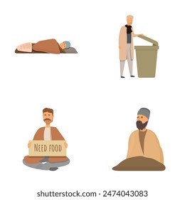 Collection of vector illustrations depicting various homeless individuals in urban scenarios