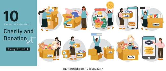 A collection of vector illustrations depicting various charity and donation activities, including fundraising, volunteering, and community support.