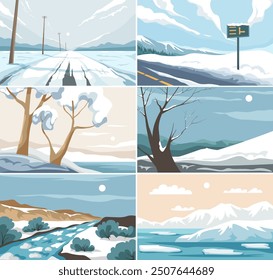 A collection of vector illustrations depicting various winter snowy landscapes, featuring icy roads, mountains, and frosty trees, isolated on a white background. Suitable for seasonal projects